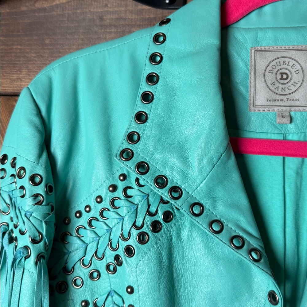Double D Ranch Turquoise Studded Fringe Leather Jacket - Picture 2 of 10
